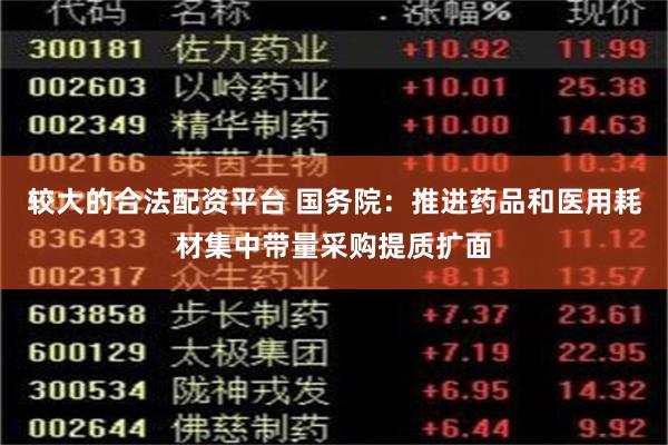 较大的合法配资平台 国务院：推进药品和医用耗材集中带量采购提质扩面